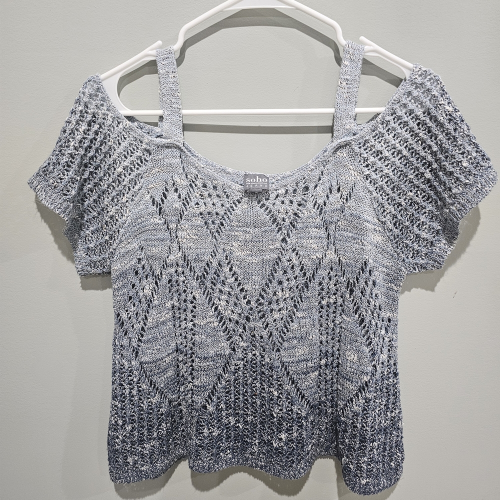 Soho Top. Blue and white Y2K-style crochet top. Off-the-shoulder knit top.